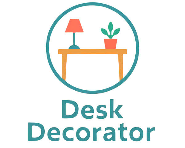 Logo for 'Desk Decorator' with a table, lamp, and plant on a beige background
