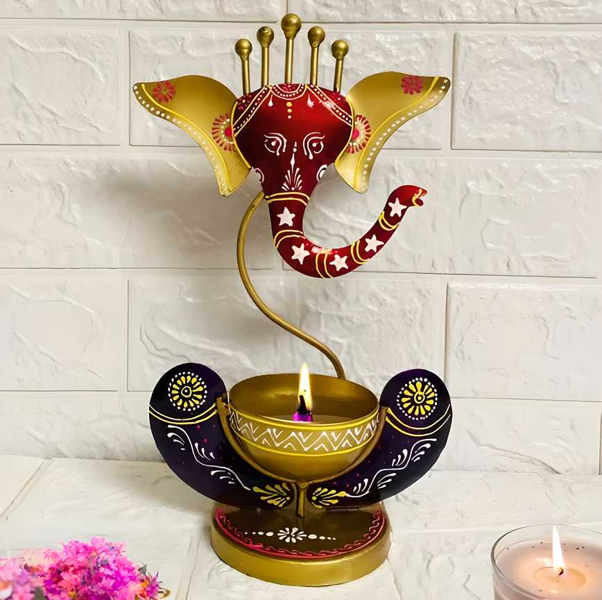 Intricately Crafted Metal Ganesha with Tealight Candle Holder
